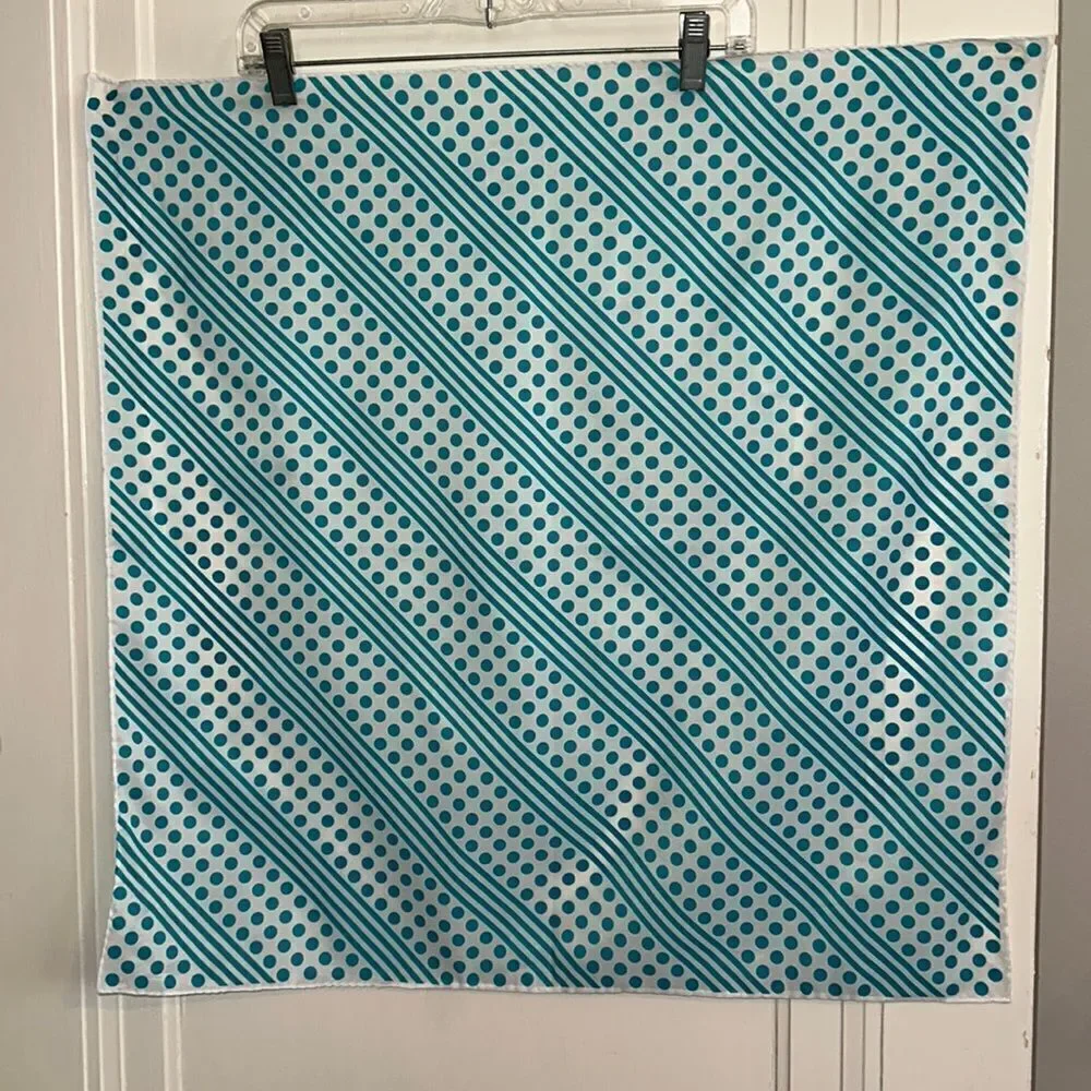 Vtg mid century white polyester‎ square scarf / turquoise stripes & polka dots